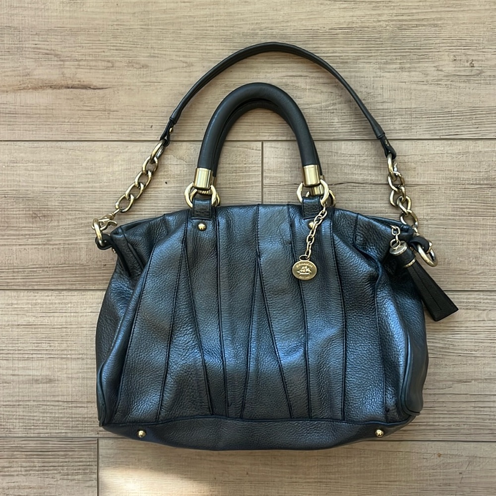 BRAHMIN LOUISE ROSE  Leather, grey, gold 14” long 7” tall 3.5 on the bottom
